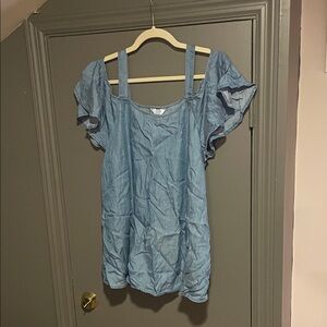 crown & ivy Blue Square Neck Ruffle Sleeve Tunic